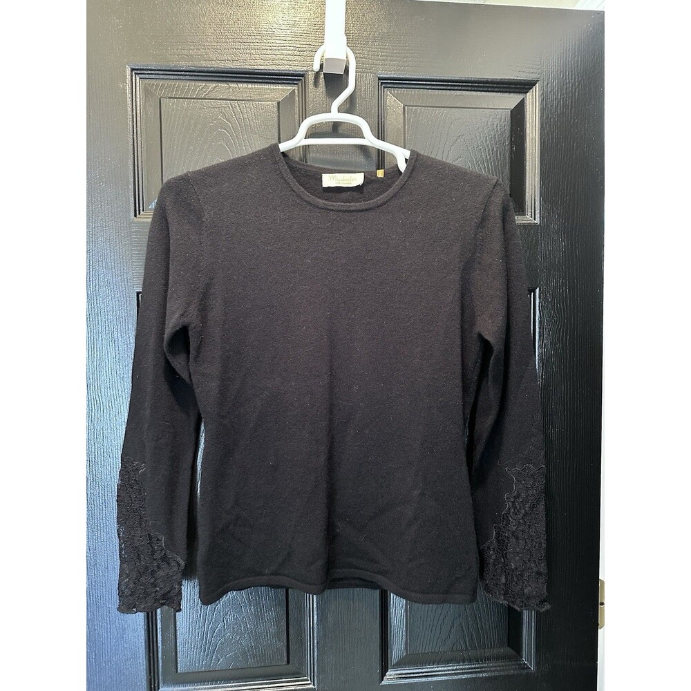Mainbocher Womens Large Cashmere Sweater Black Lace Insets Long Sleeves NWT